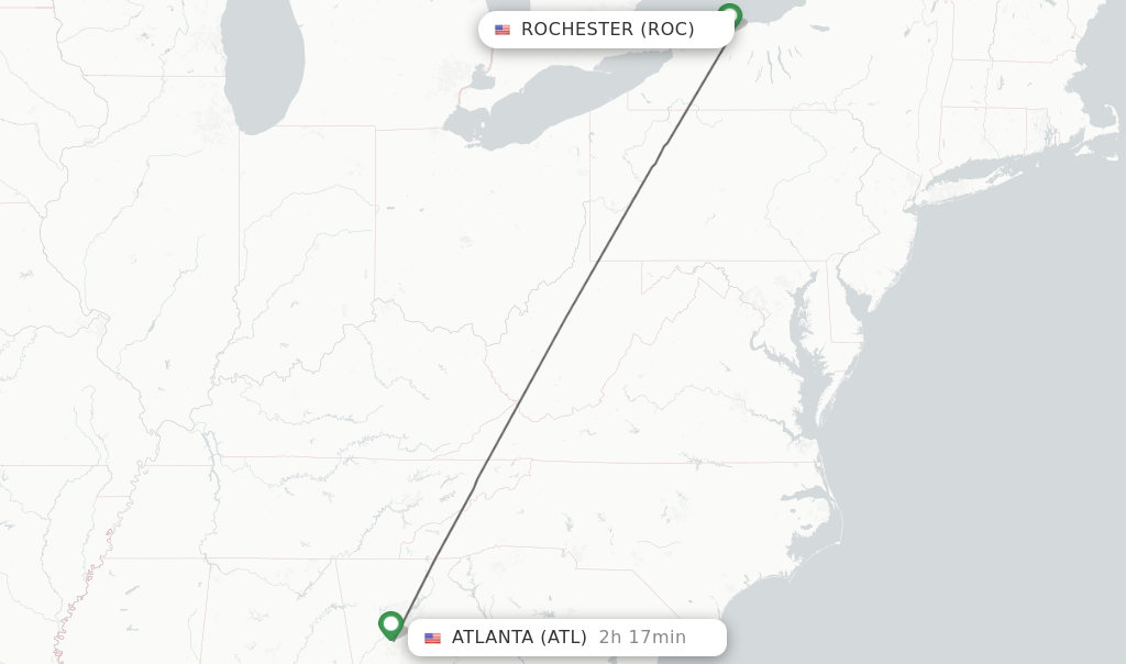 Flights from Rochester to Atlanta route map