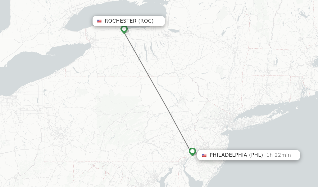 Flights from Rochester to Philadelphia route map