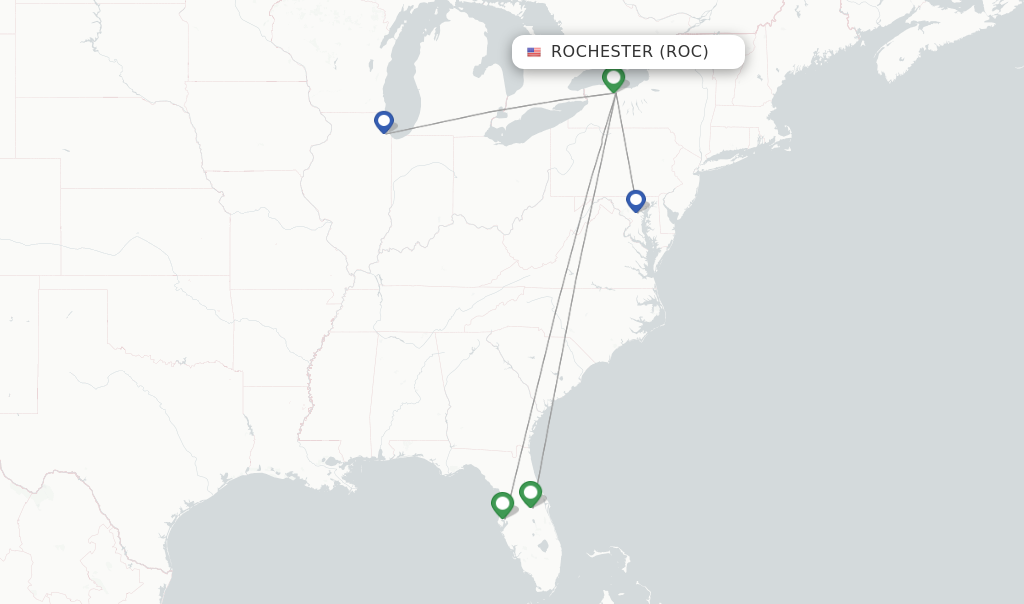 Route map with flights from Rochester with Southwest