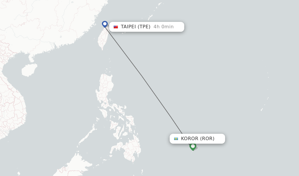 Flights from Koror to Taipei route map