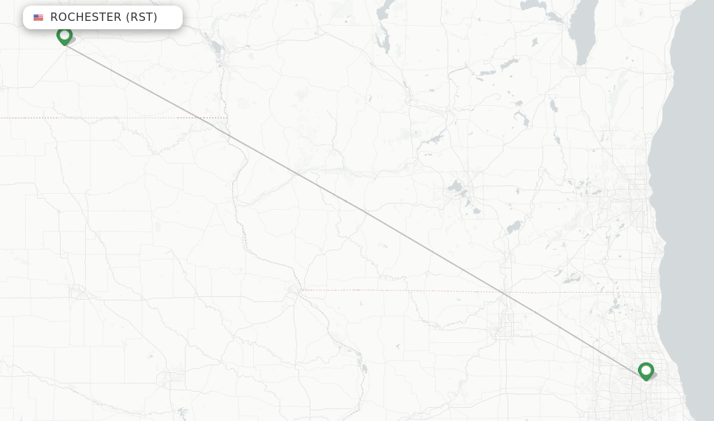 Route map with flights from Rochester with American Airlines