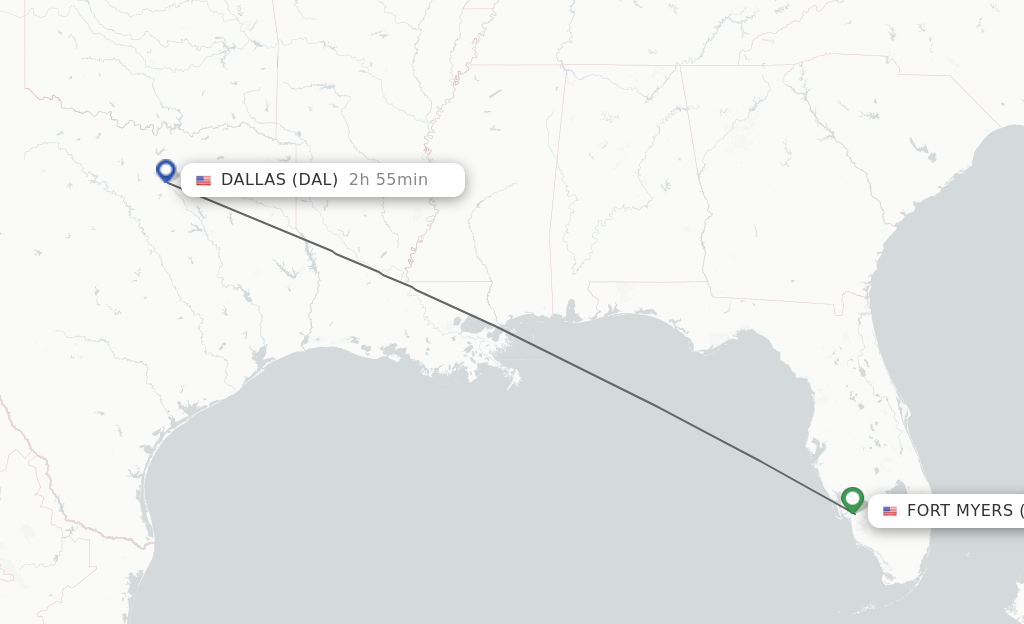 Flights from Fort Myers to Dallas route map