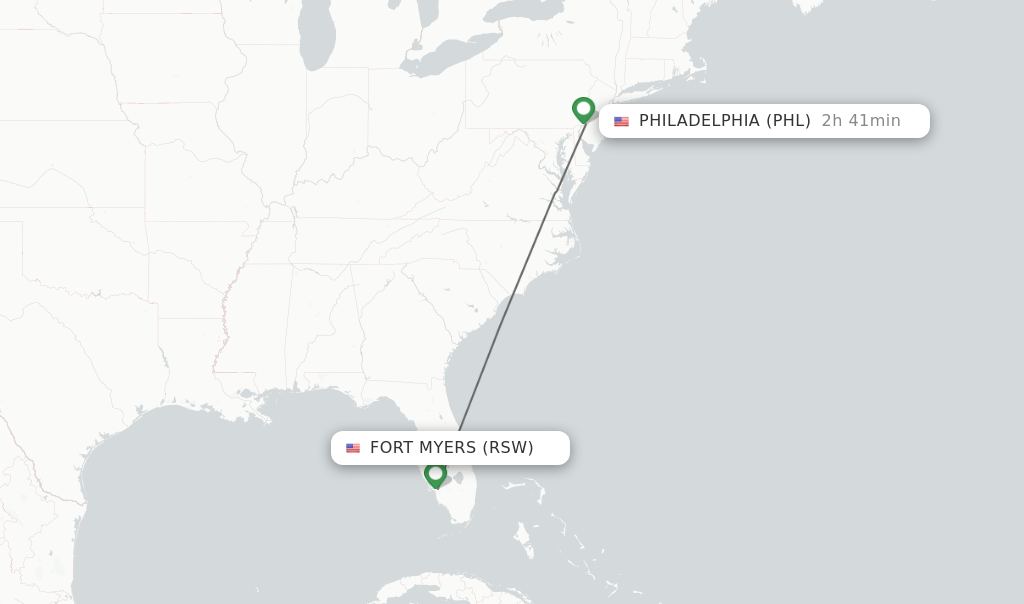 Flights from Fort Myers to Philadelphia route map