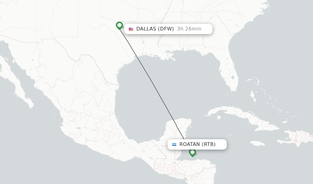 Flights from Roatan to Dallas route map