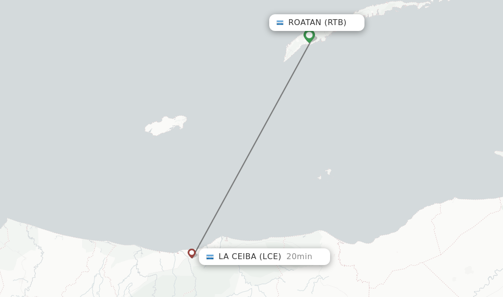 Flights from Roatan to La Ceiba route map