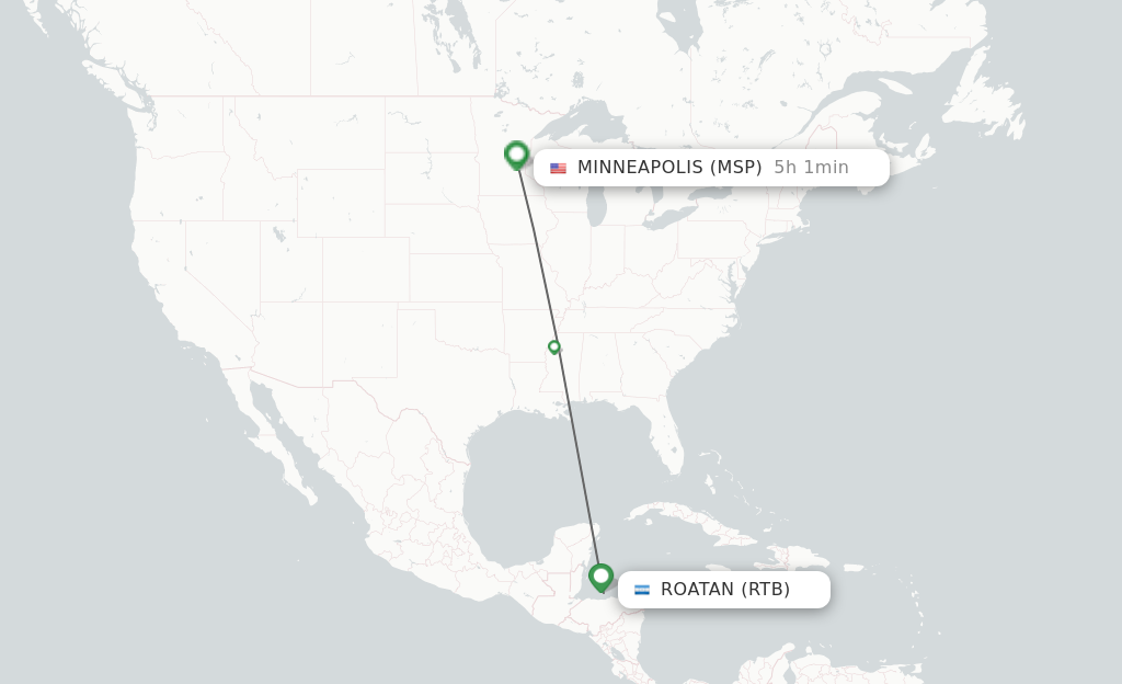 Flights from Roatan to Minneapolis route map