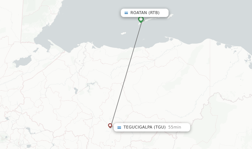 Flights from Roatan to Tegucigalpa route map