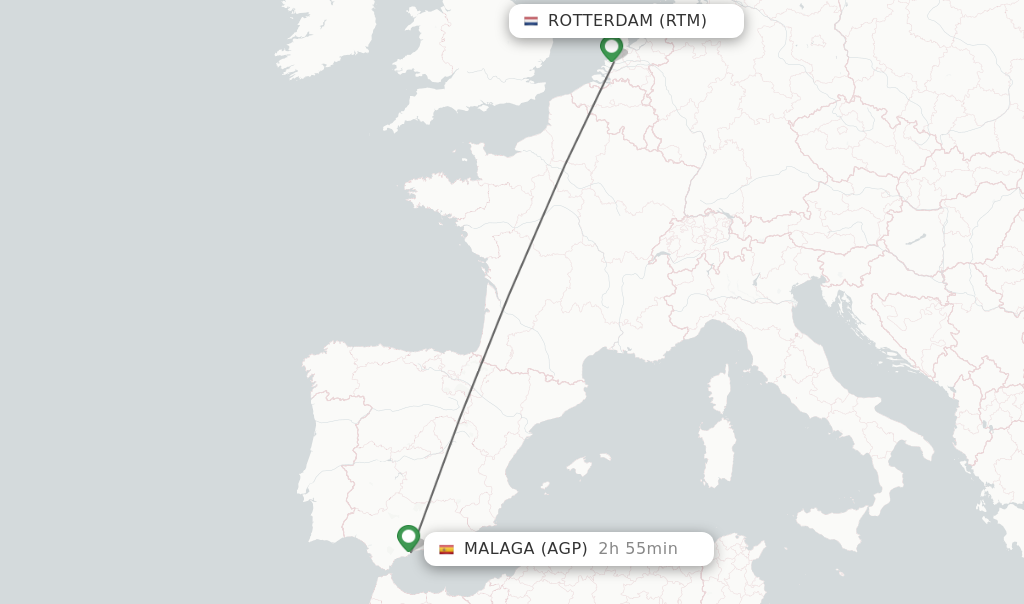 Flights from Rotterdam to Malaga route map