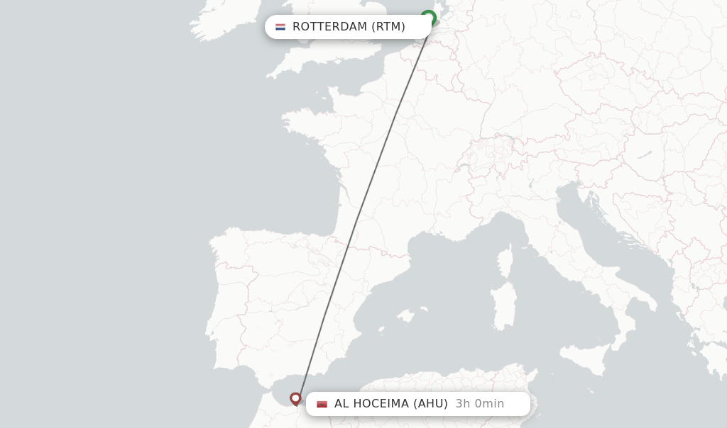 Flights from Rotterdam to Al Hoceima route map