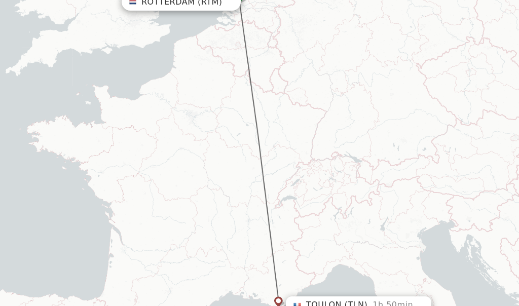 Flights from Rotterdam to Toulon route map