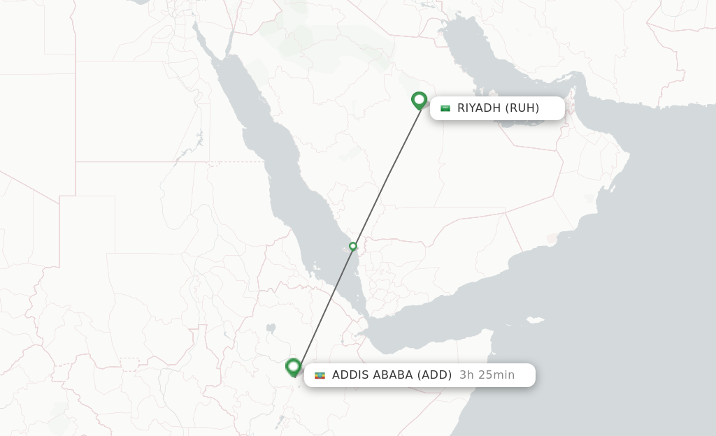 Flights from Riyadh to Addis Ababa route map