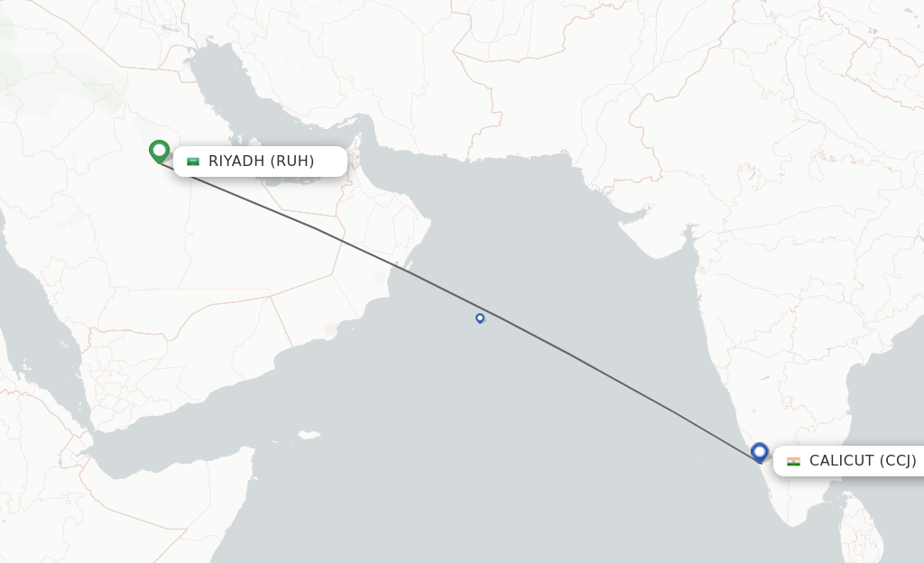 Flights from Riyadh to Kozhikode route map
