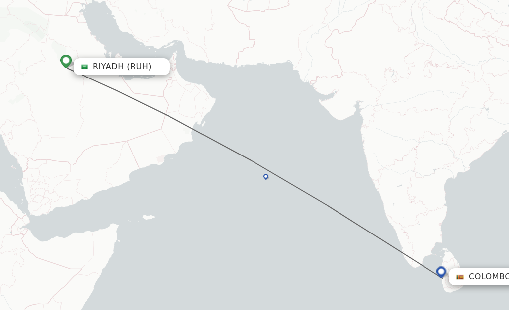 Flights from Riyadh to Colombo route map