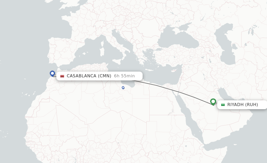 Flights from Riyadh to Casablanca route map