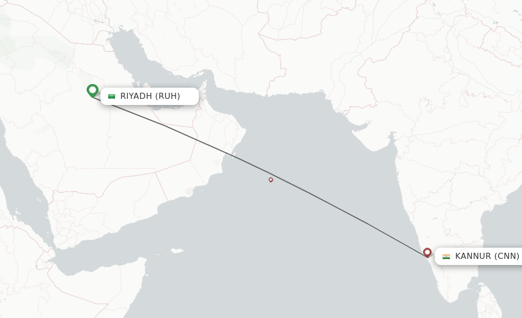 Flights from Riyadh to Kannur route map