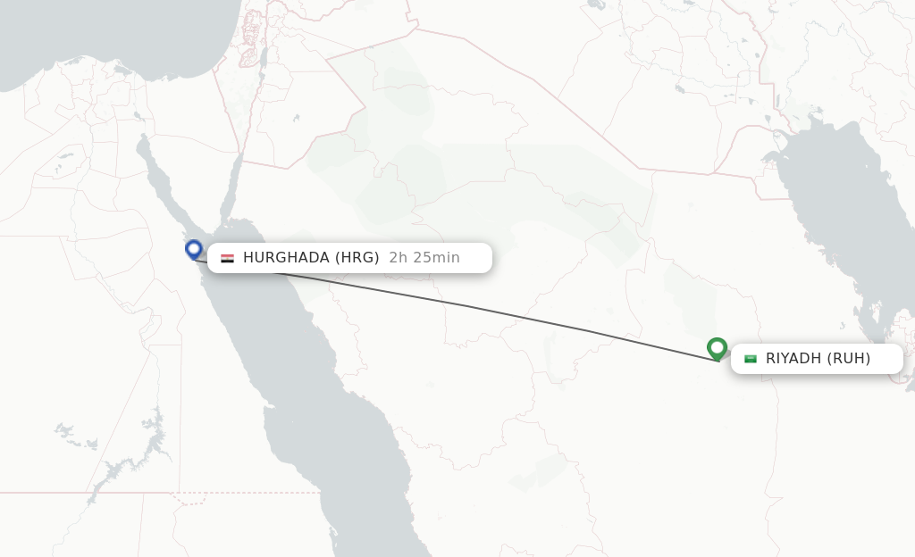 Flights from Riyadh to Hurghada route map