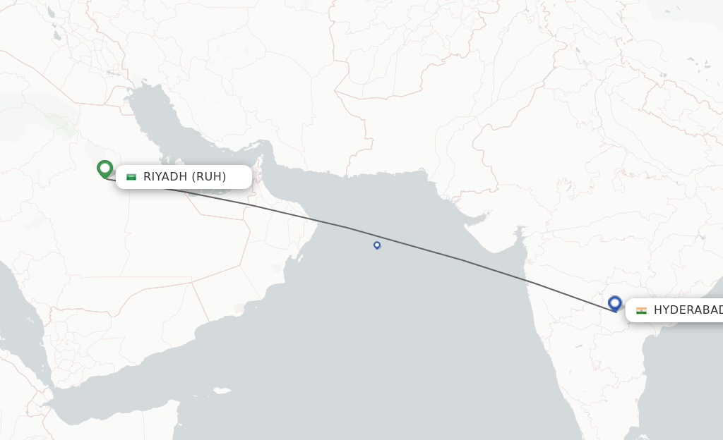 Flights from Riyadh to Hyderabad route map
