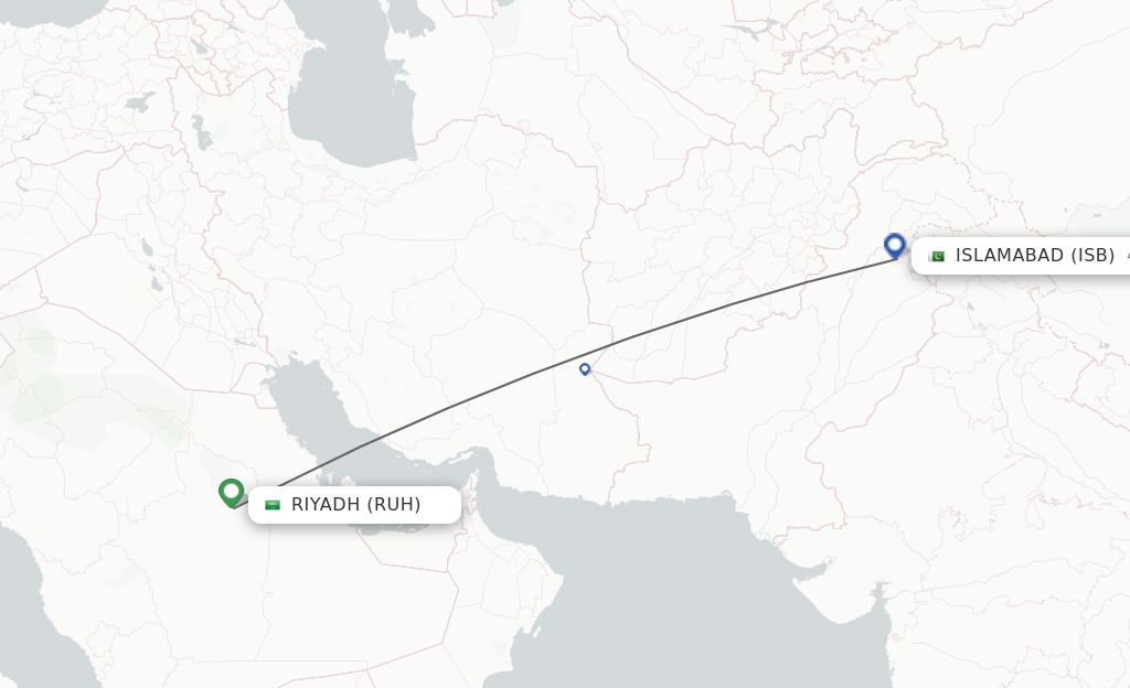 Flights from Riyadh to Islamabad route map