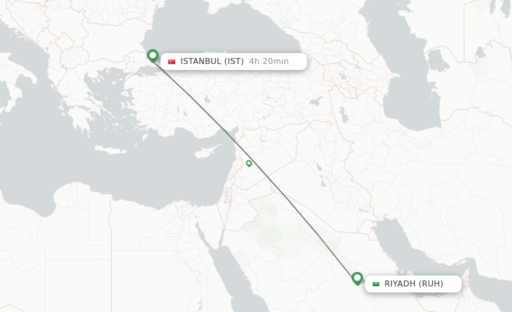 Flights from Riyadh to Istanbul route map