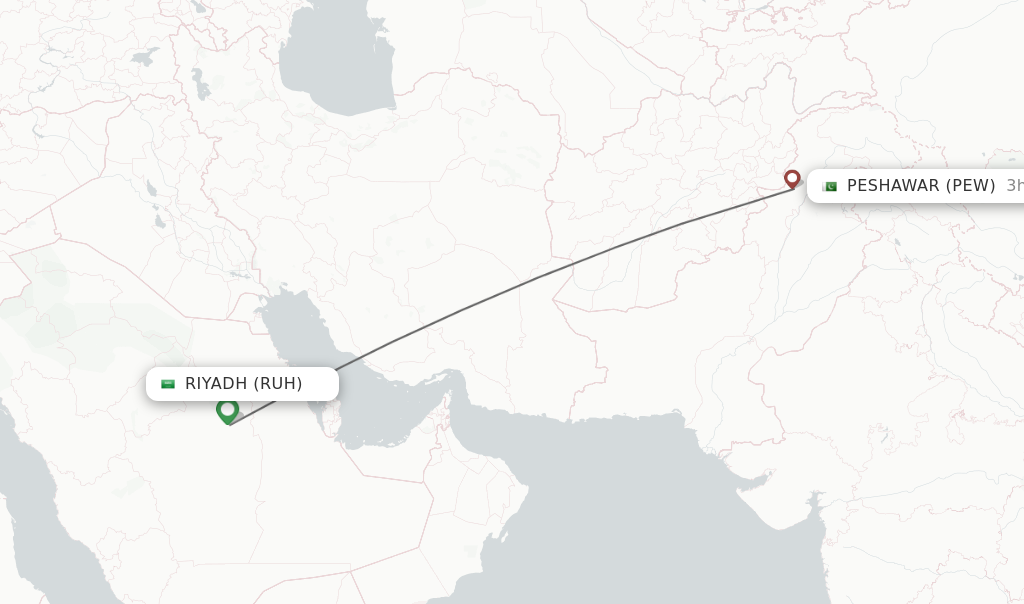 Flights from Riyadh to Peshawar route map