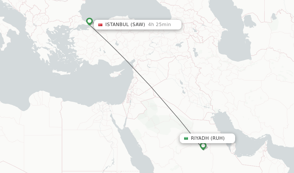 Flights from Riyadh to Istanbul route map