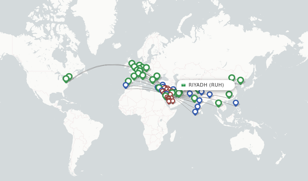 Route map with flights from Riyadh with Saudia