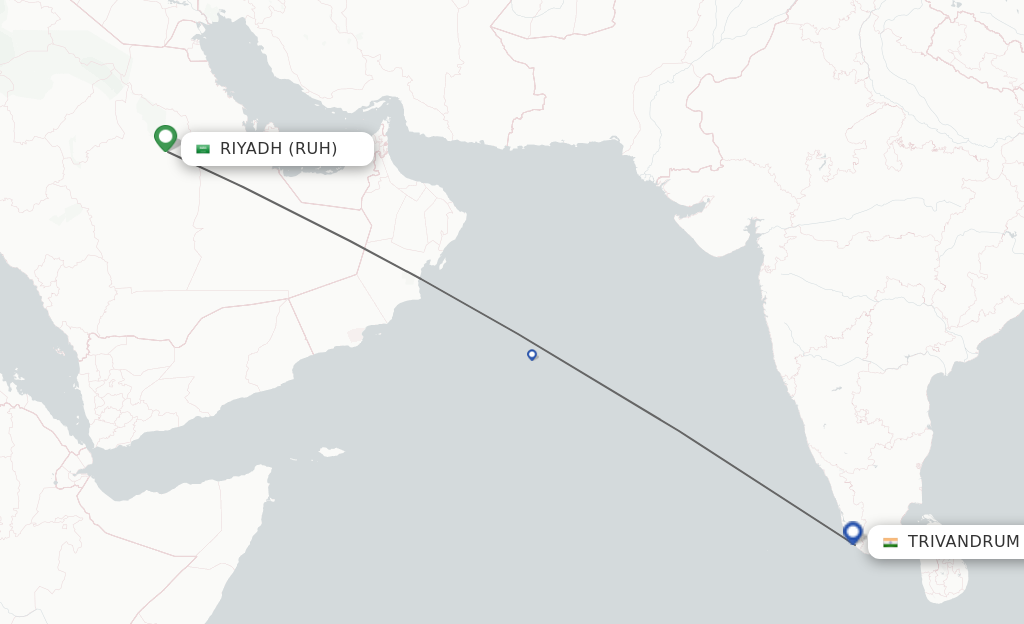 Flights from Riyadh to Thiruvananthapuram route map