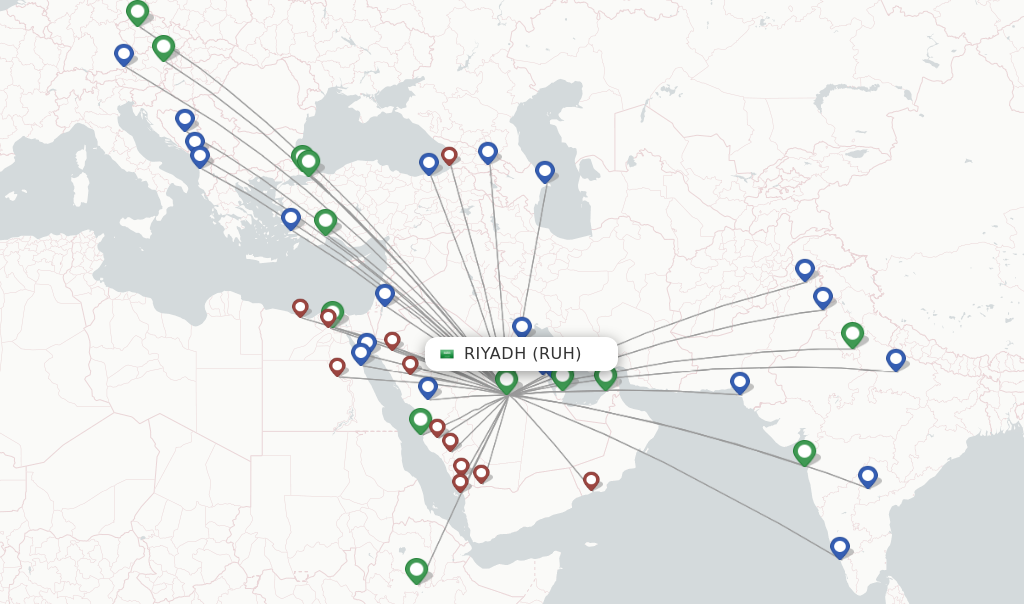 Route map with flights from Riyadh with Flynas