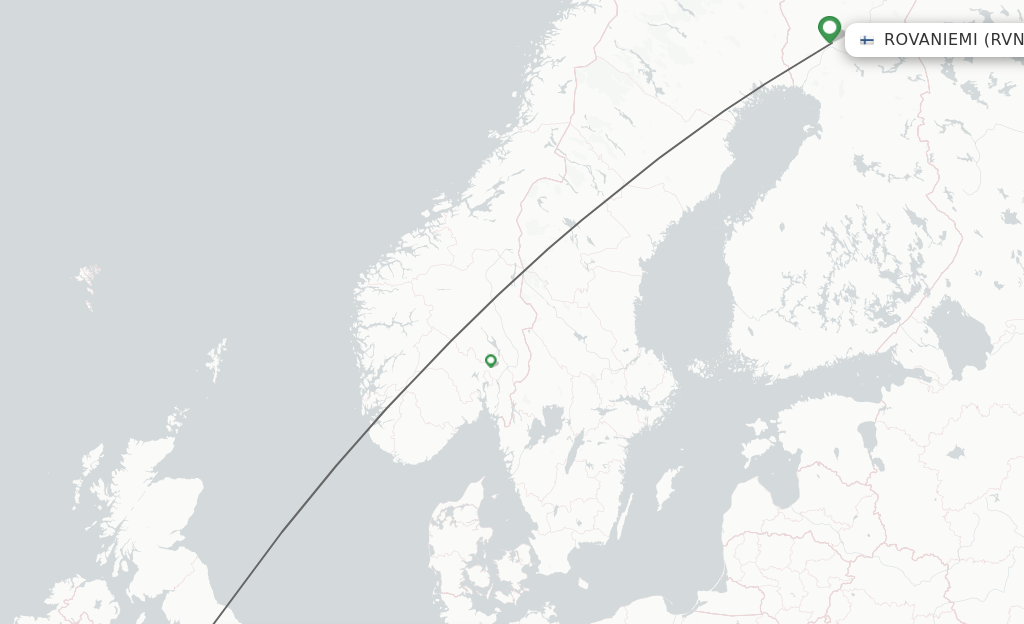 Flights from Rovaniemi to Manchester route map