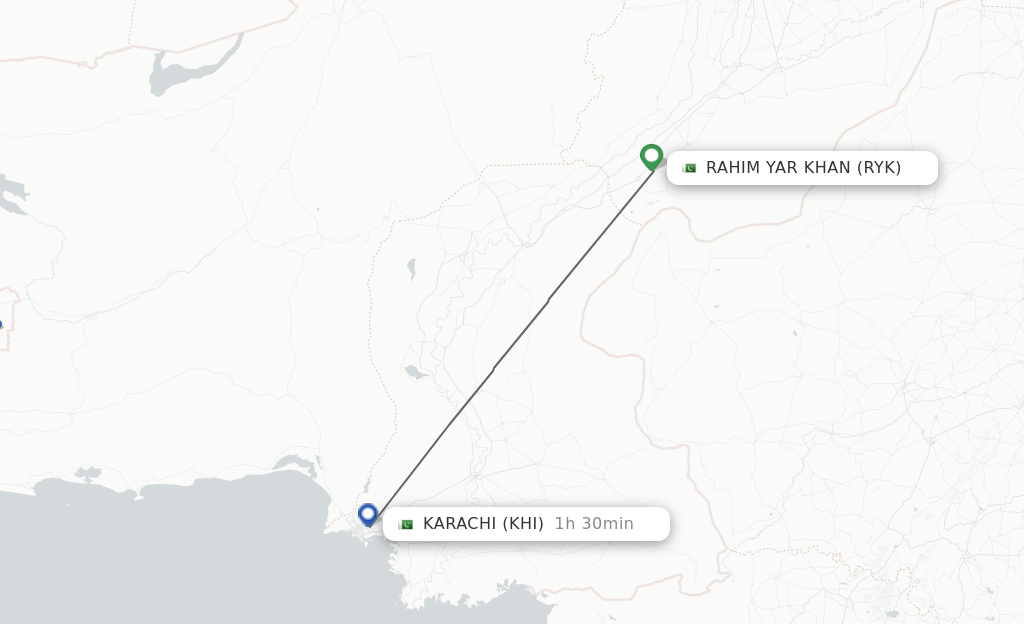 Flights from Rahim Yar Khan to Karachi route map