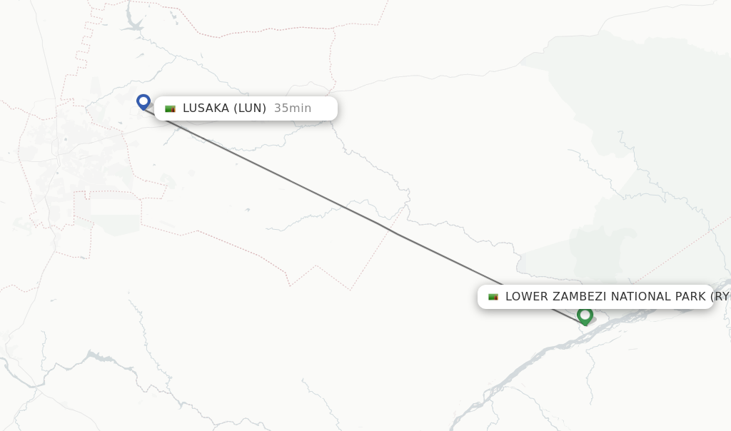 Flights from Lower Zambezi National Park to Lusaka route map