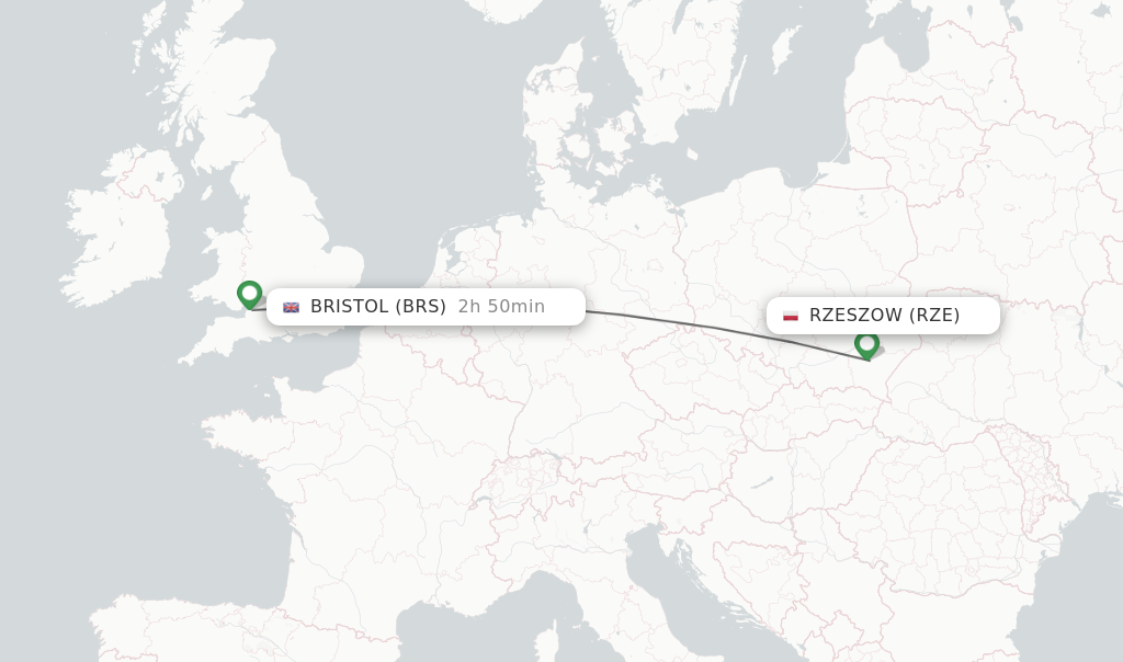 Flights from Rzeszow to Bristol route map