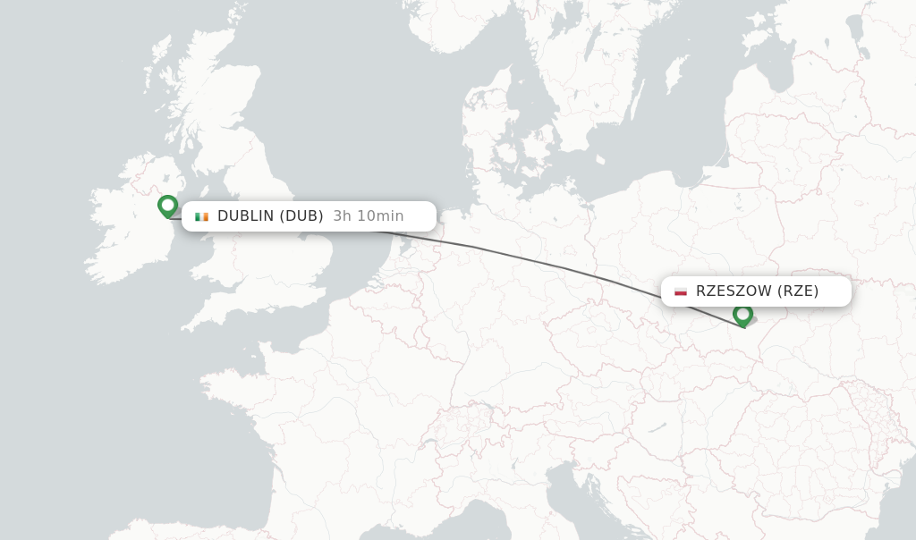Flights from Rzeszow to Dublin route map