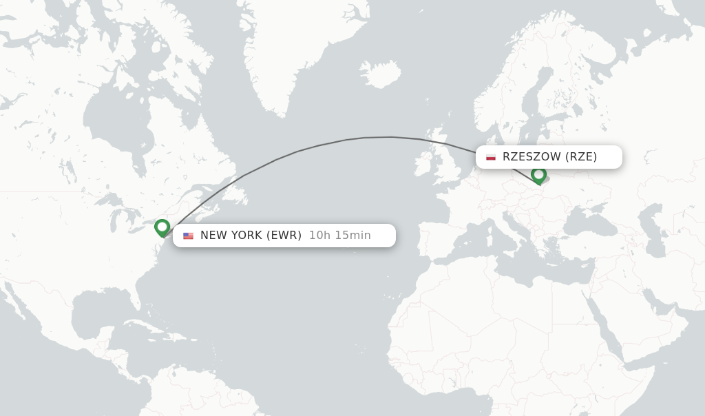 Flights from Rzeszow to New York route map