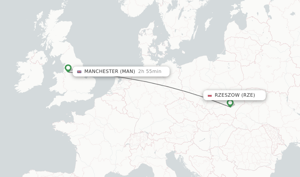 Flights from Rzeszow to Manchester route map