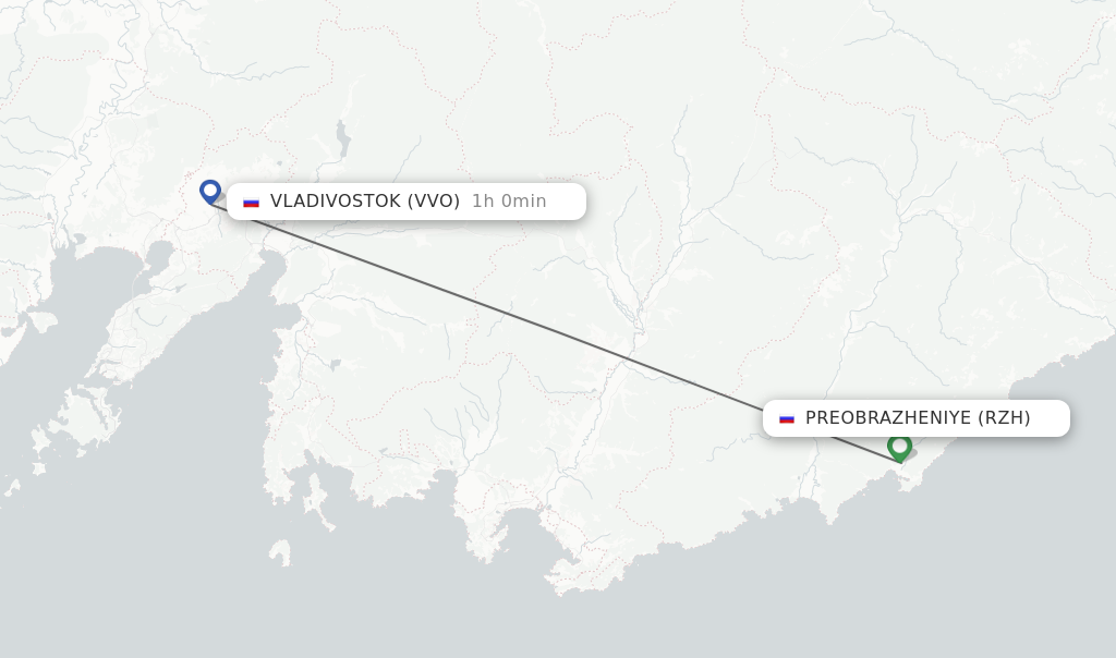 Flights from Preobrazheniye to Vladivostok route map