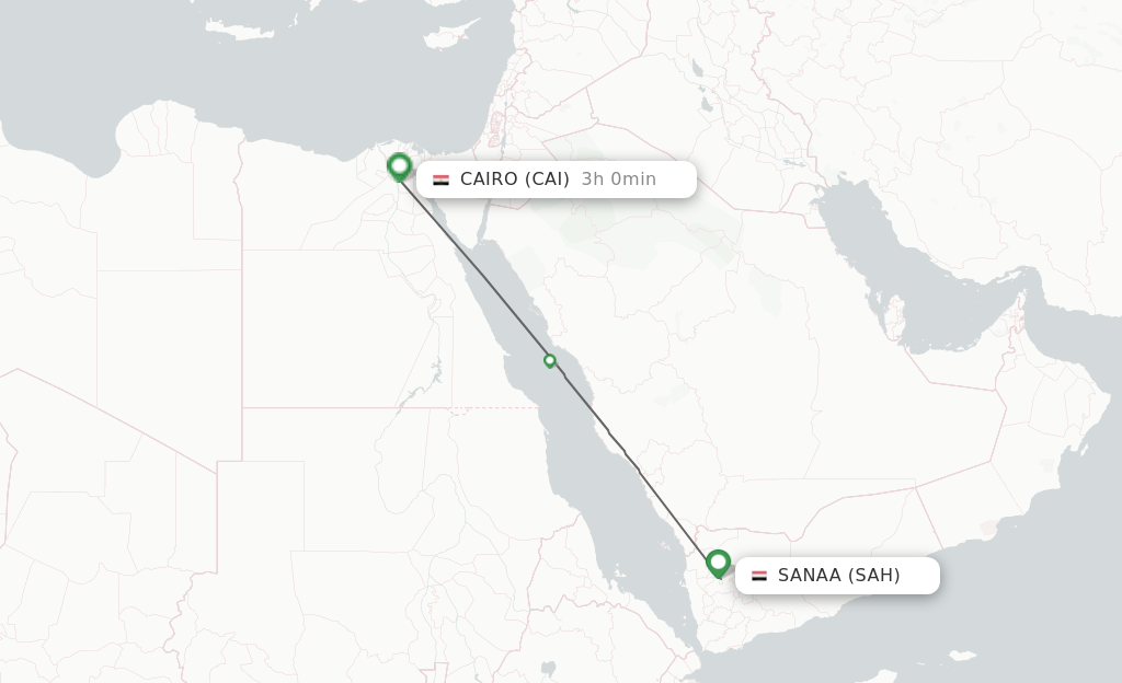 Flights from Sana'a to Cairo route map
