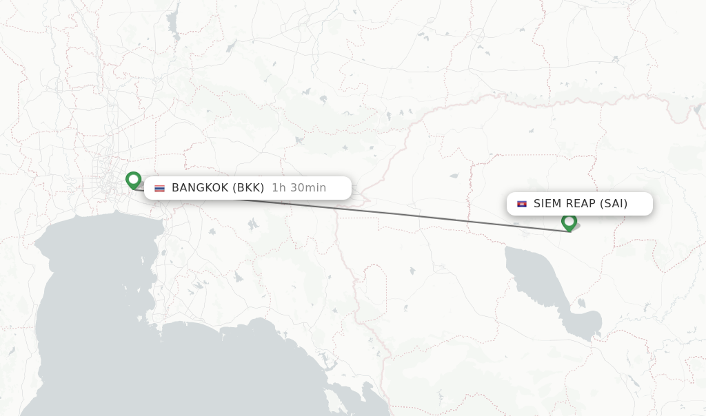 Flights from Bangkok to Siem Reap route map