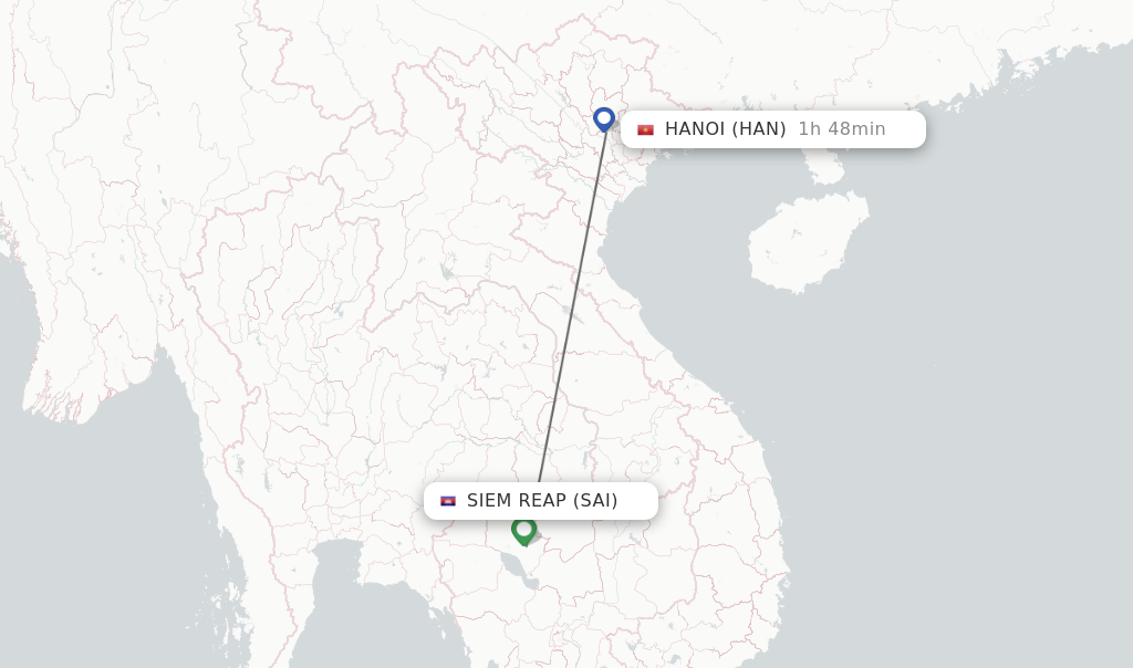 Flights from Hanoi to Siem Reap route map