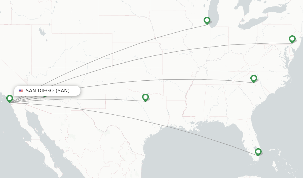 Route map with flights from San Diego with American Airlines