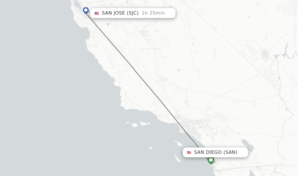 Flights from San Diego to San Jose route map
