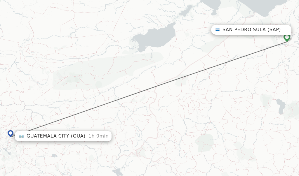 Flights from San Pedro Sula to Guatemala City route map