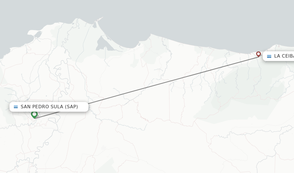 Flights from San Pedro Sula to La Ceiba route map