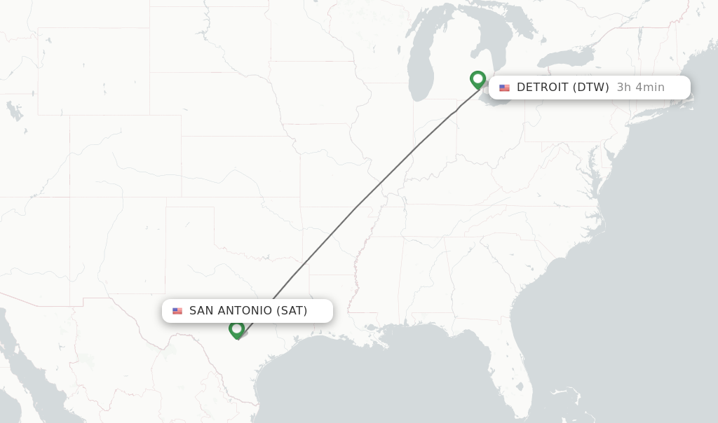 Flights from San Antonio to Detroit route map
