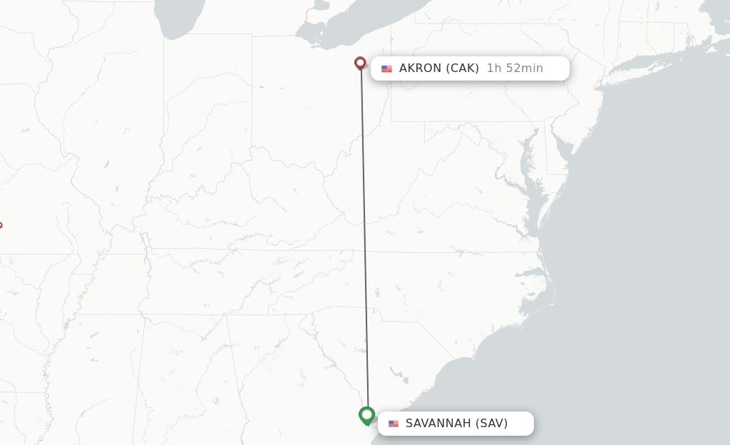 Flights from Savannah to Akron route map