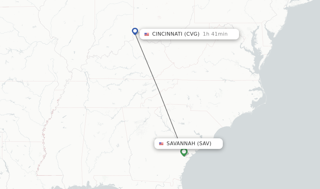 Flights from Savannah to Cincinnati route map