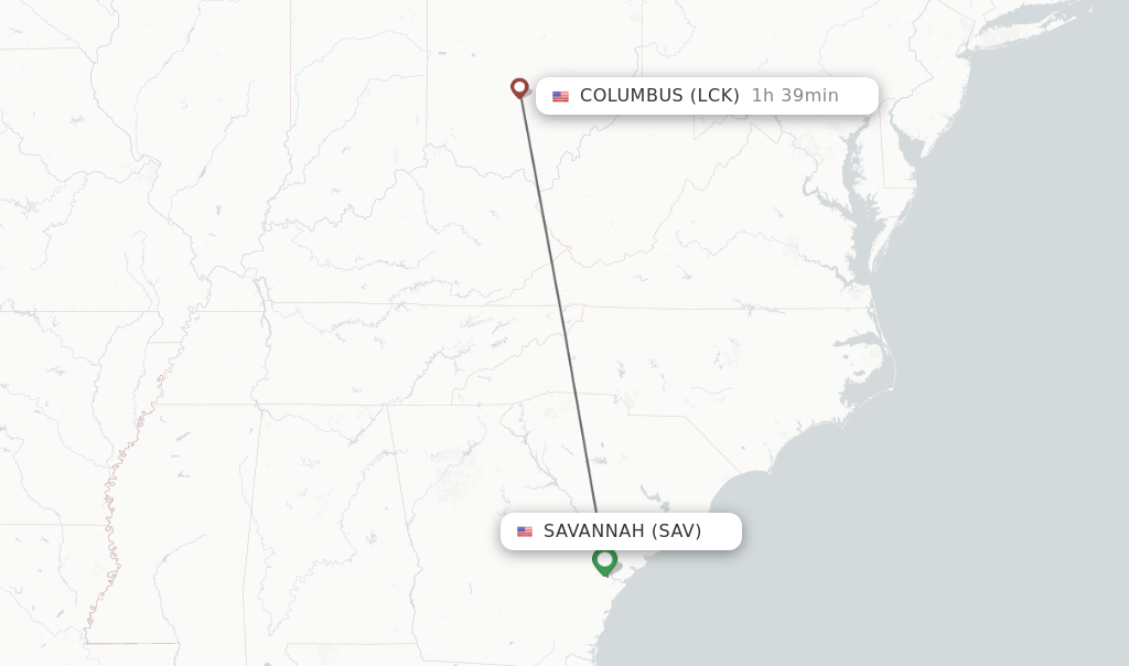 Flights from Savannah to Columbus route map