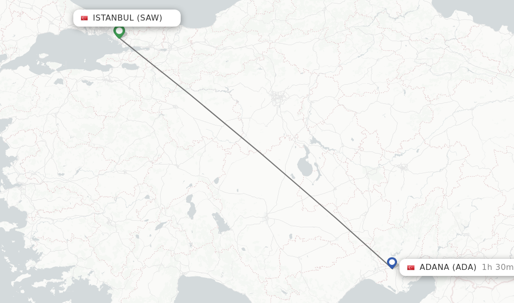 Flights from Istanbul to Adana route map