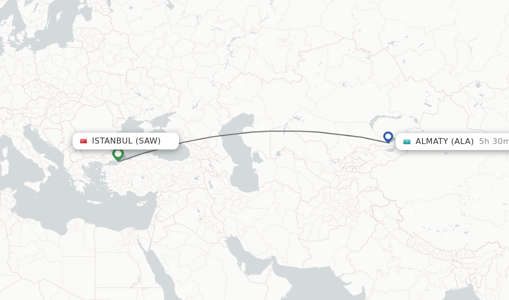 Flights from Istanbul to Almaty route map