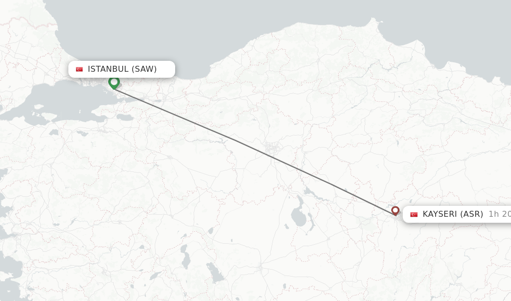 Flights from Istanbul to Kayseri route map